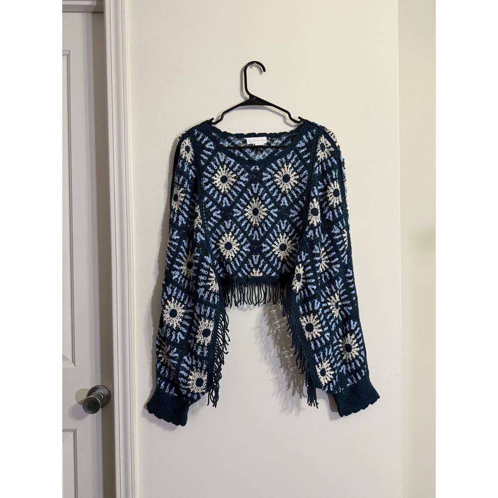 House of Harlow 1960 Crochet Fringe Boho Festival Knit Sweater Hippie Peasant